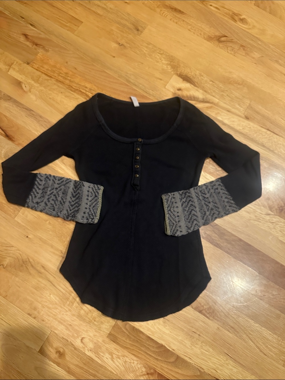 Free People Black Long Sleeve Henley Top with Gray Puff Ribbed Patterned Cuffs
